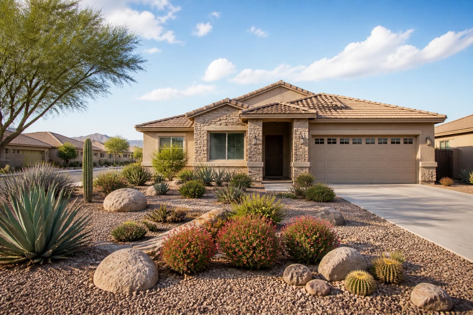 Spacious homes with open sky and desert landscaping in Buckeye.