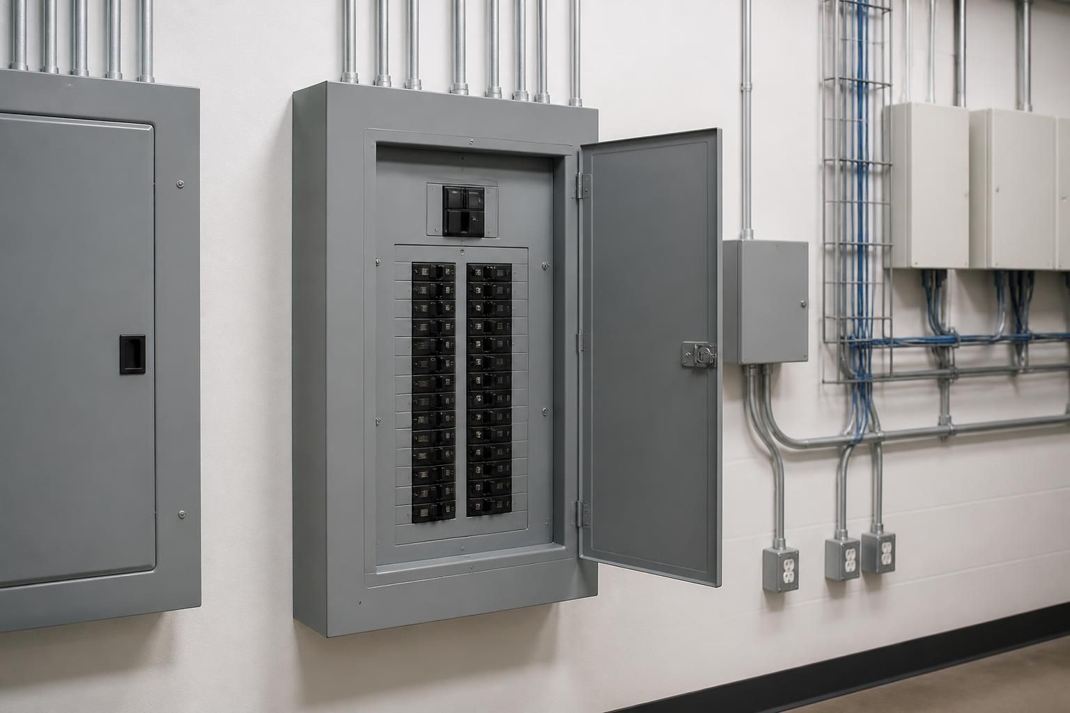 Clean commercial electrical room with organized distribution panels.