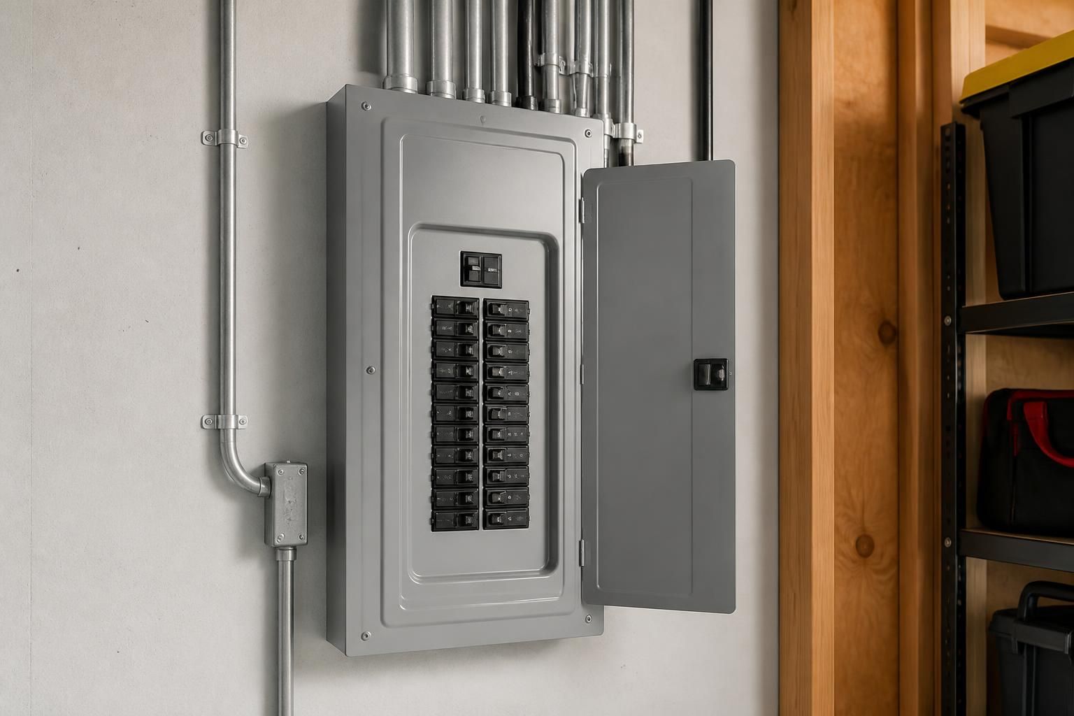 Newly upgraded electrical panel in a clean utility space.