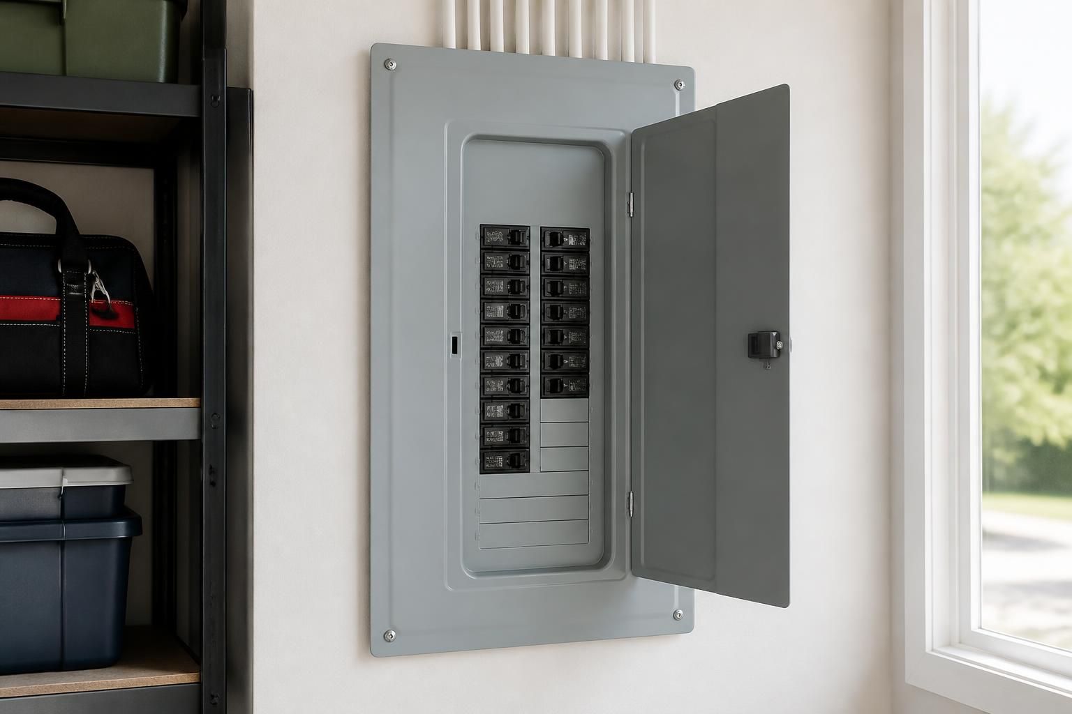 Restored electrical panel area after emergency service completion.