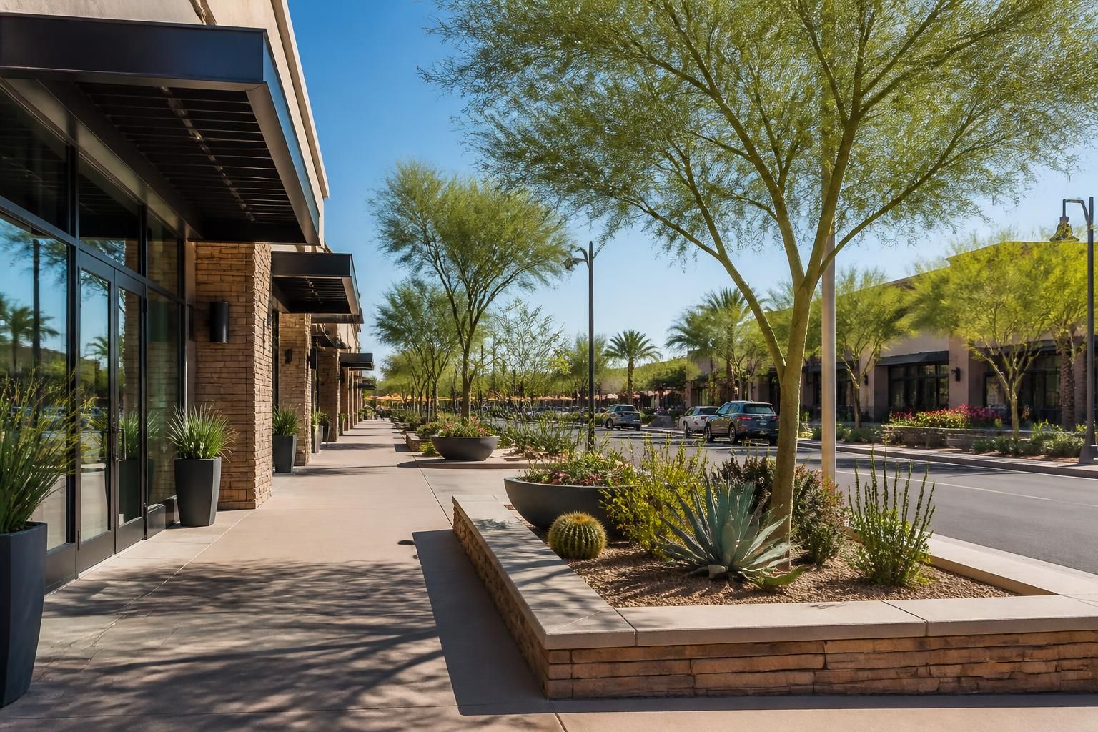 Clean suburban commercial district with desert landscaping in Glendale.