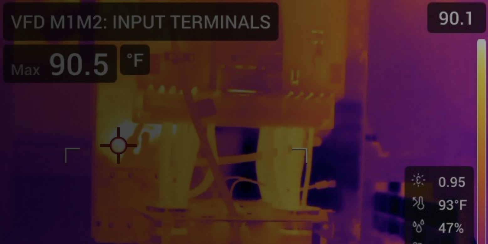 Infrared thermal image of VFD input terminals during an electrical thermography inspection