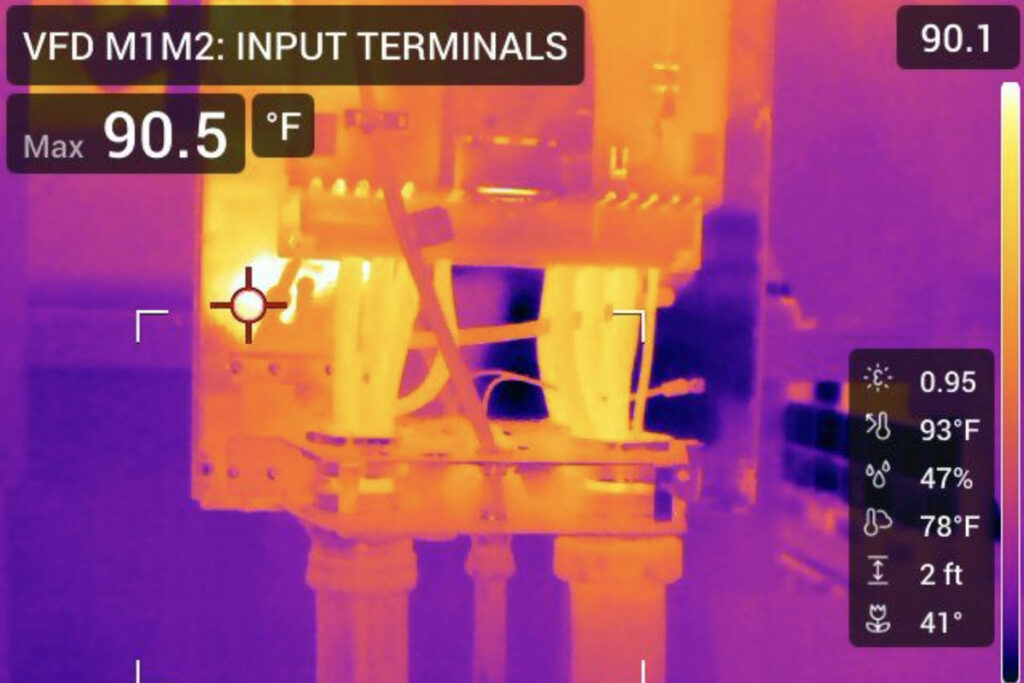 Infrared thermal image of VFD input terminals during an electrical thermography inspection