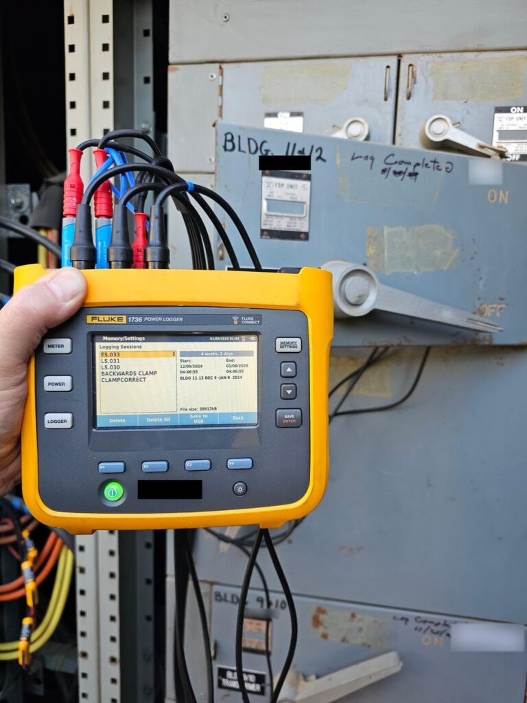 Fluke power logger showing a completed 4-week load study logging session