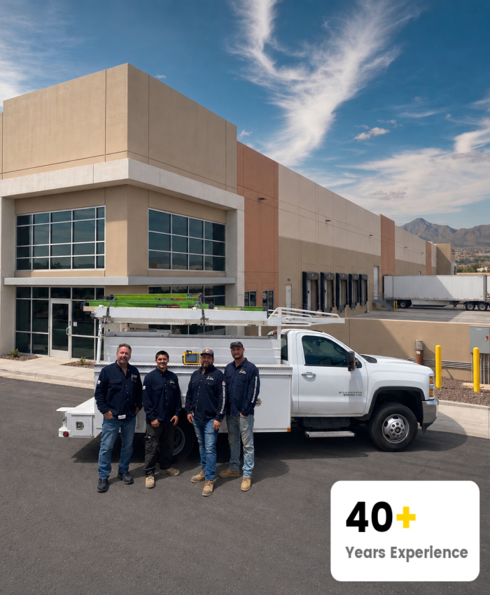 Phoenix Contracting Services crew standing in front of a service truck outside an industrial building
