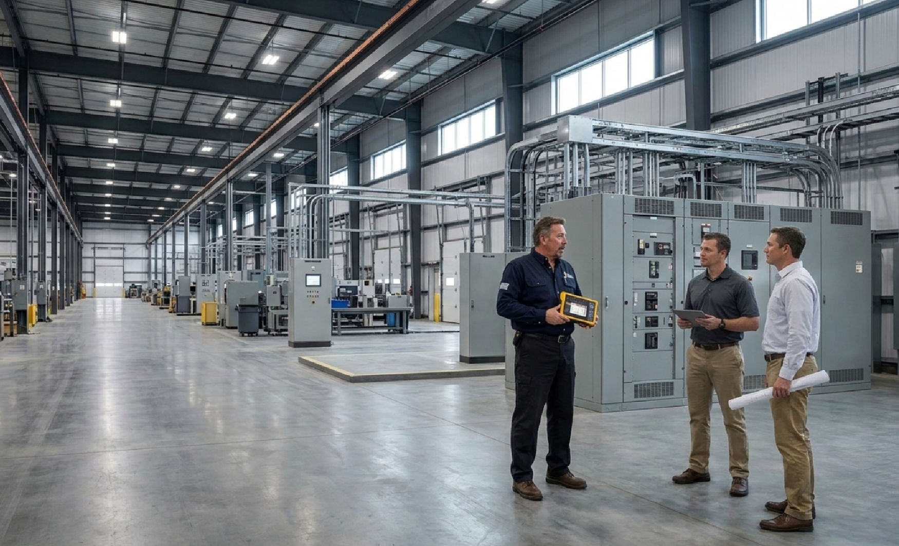 Electrician reviewing power logger data with engineers in a commercial facility