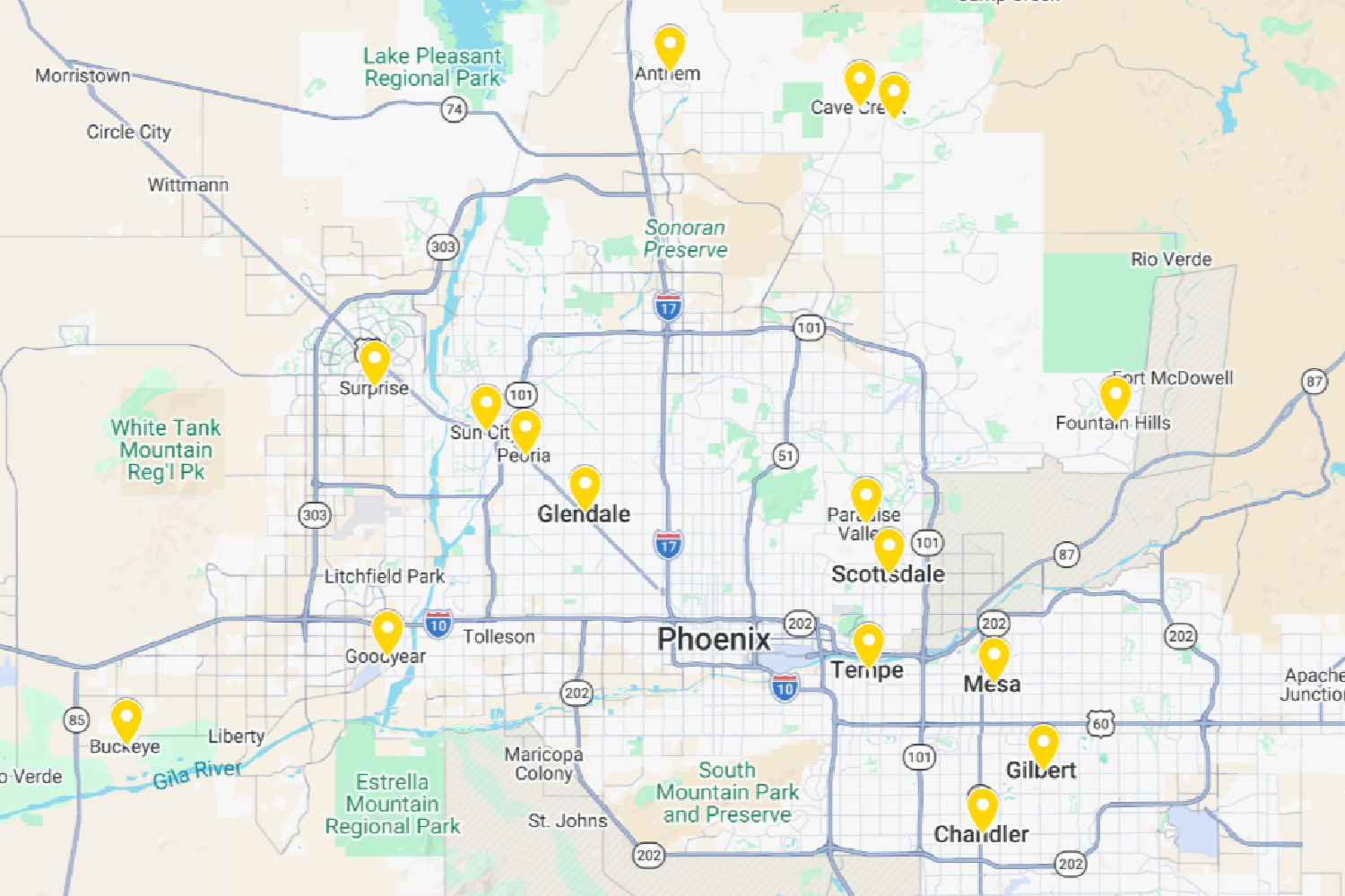 Map of the Phoenix Contracting Services electrical service area across the Phoenix metro area, including Anthem, Cave Creek, Glendale, Peoria, Scottsdale, Mesa, Chandler, Goodyear, Buckeye, Tempe, Gilbert and Surprise, Arizona