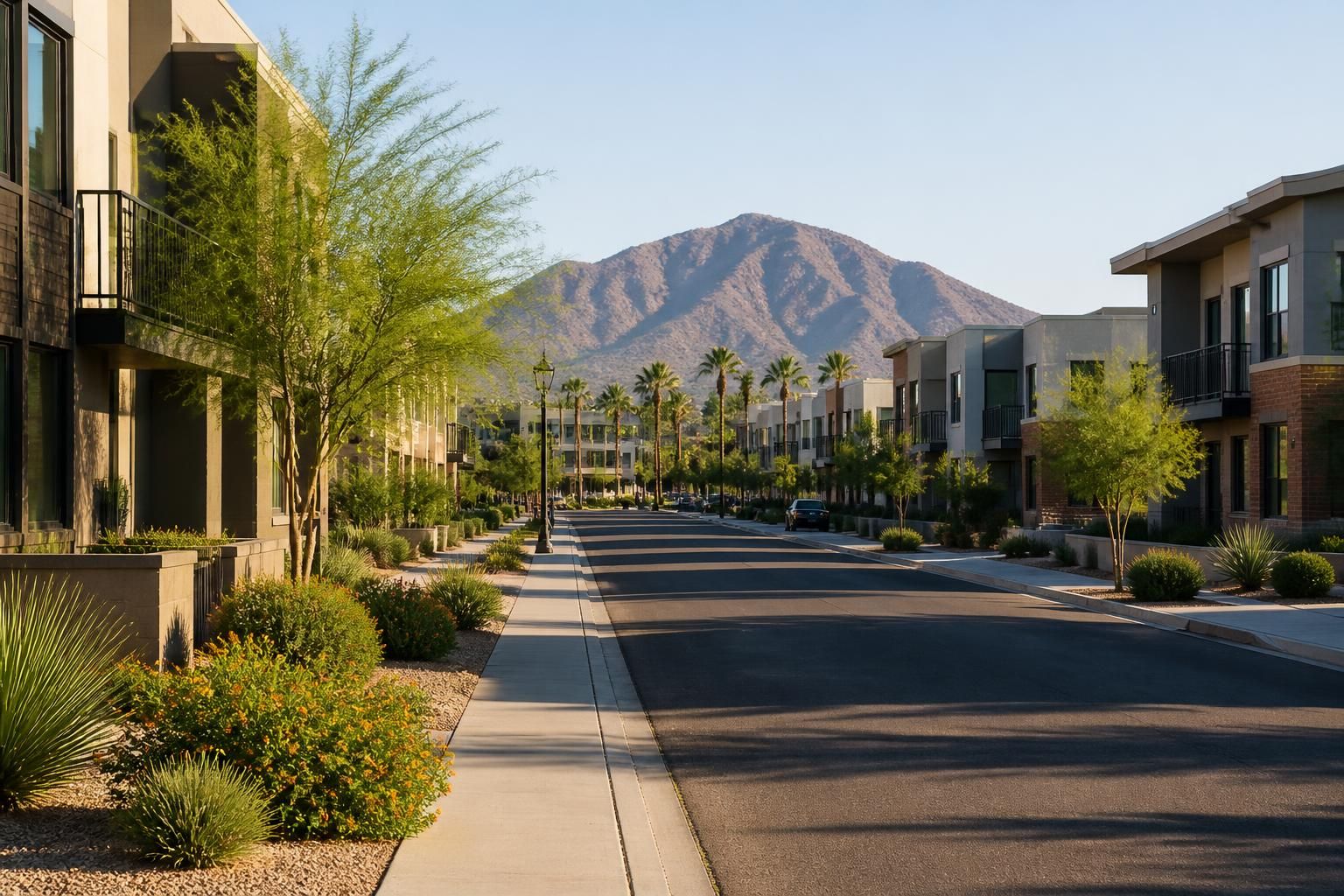 Clean streets and modern buildings in Tempe.